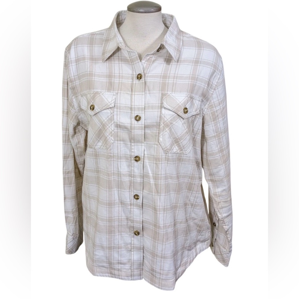 Frank and Oak 100% Organic Cotton Plaid Flannel Shirt - Size M - Beige/Cream